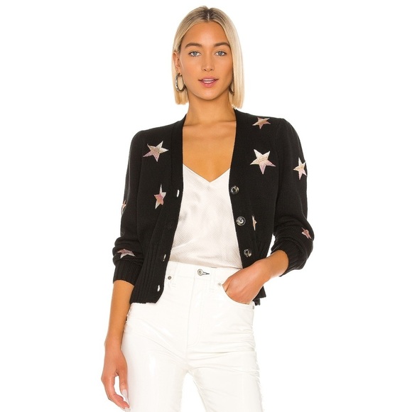CINQ A SEPT Metallic Star Embroidered Puff Sleeve Cropped Cardigan Sweater XS - Picture 1 of 11